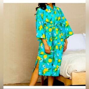 Anthropologie PRINT FRESH Lemon Zest Bagheera Robe Organic Cotton Pockets 2XL